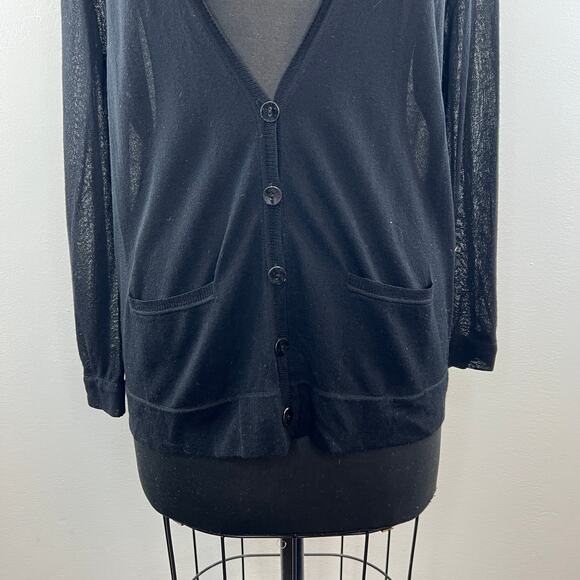 THEORY Black Cardigan Sweater Viscose Button Front Ribbed V-Neck Knit Size Large - Picture 2 of 7